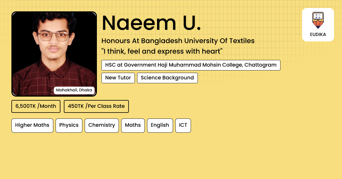 Api Rabia Naeem Naeem U. | Higher Maths, Physics, Chemistry, Maths, English, ICT | Eudika